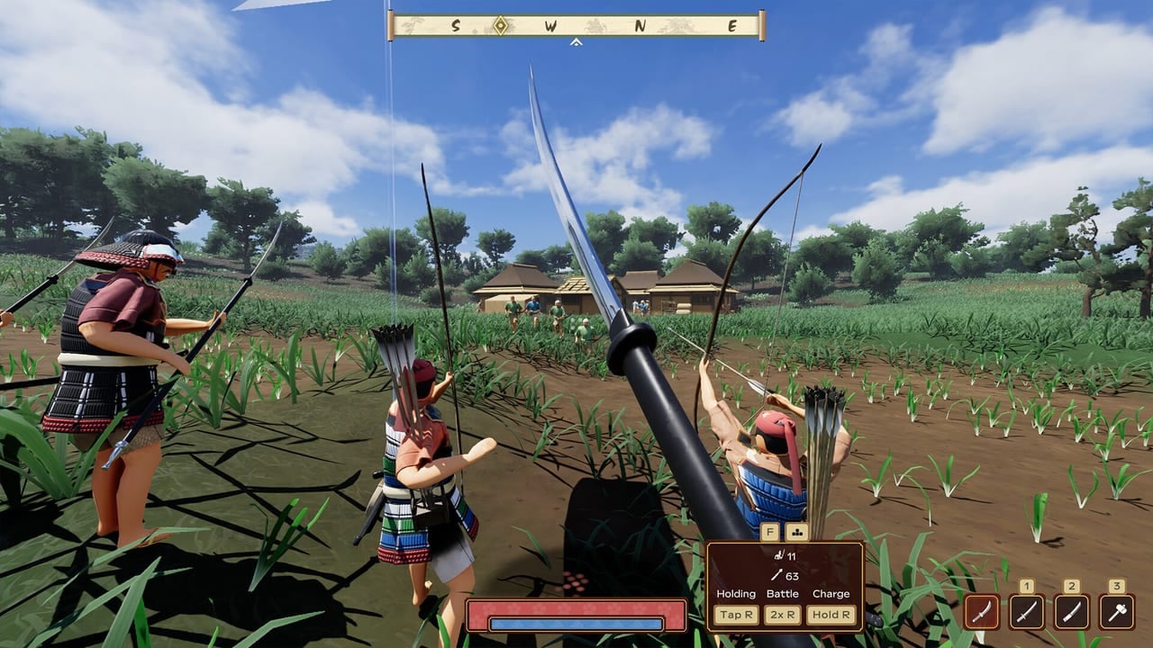 First-person view of a spear and allied archers advancing on a homestead in Warlord: Awaji