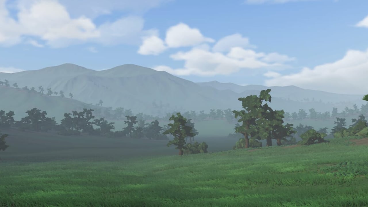 In-game view of Awaji Island hills, trees, and open grassland under a bright sky
